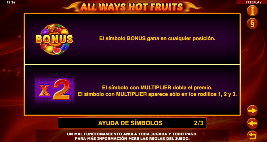 Guía de símbolos BONUS y multiplicador x2 del juego All Ways Hot Fruits.