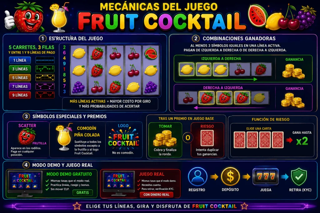 Infografía sobre las mecánicas de la tragamonedas Fruit Cocktail, líneas de pago, símbolos, modo demo y función de riesgo.