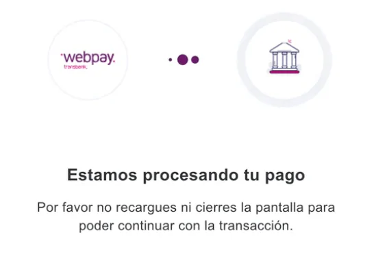 Pantalla de Webpay indicando que el pago está siendo procesado para el depósito en Pin-Up Casino